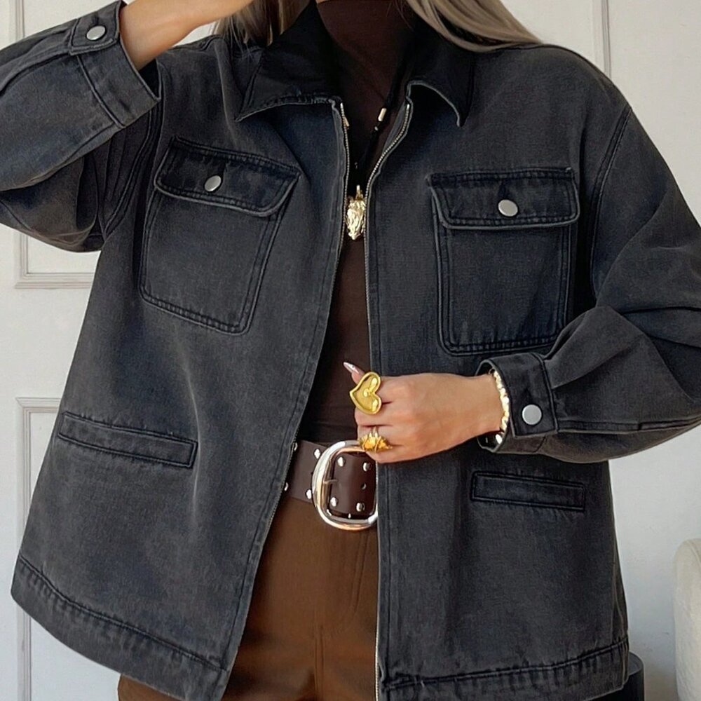 Grey Casual Women's Loose Long Sleeve Lapel Pocket Street Cowboy Jacket - Picture 7 of 8